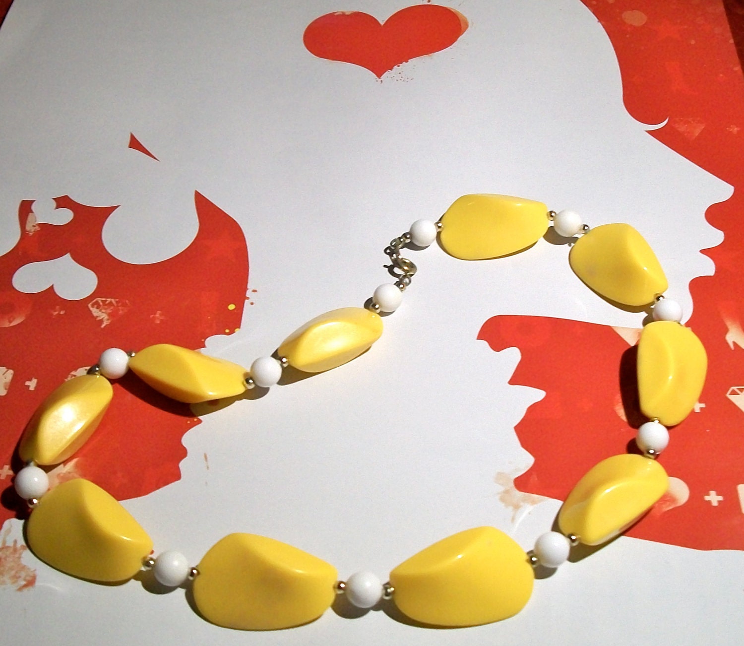 A Lovely Mod Bright Mustard Yellow White Celluloid Beaded Bauble Necklace