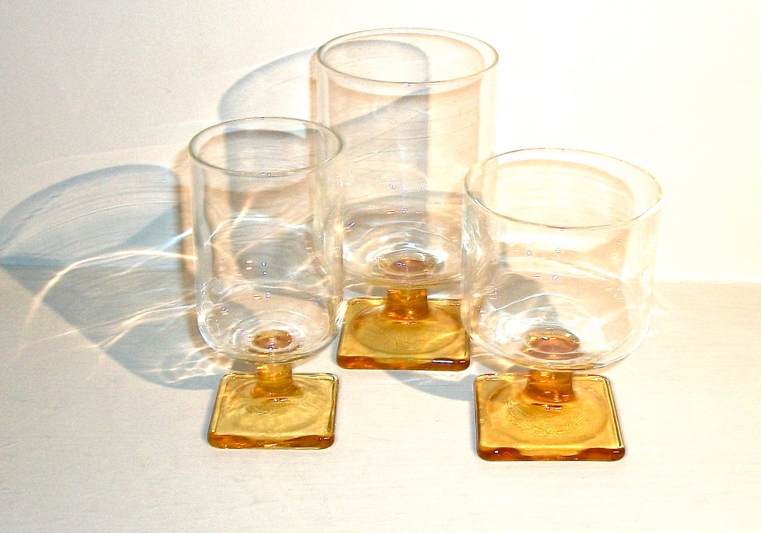 Items similar to Beautiful Unique Vintage Drinking Glasses Goblets Golden Amber Stemmed Footed