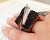Wooden quartz crystal ring/eco fashion/one of a kind ring/wooden jewelry/boho chic