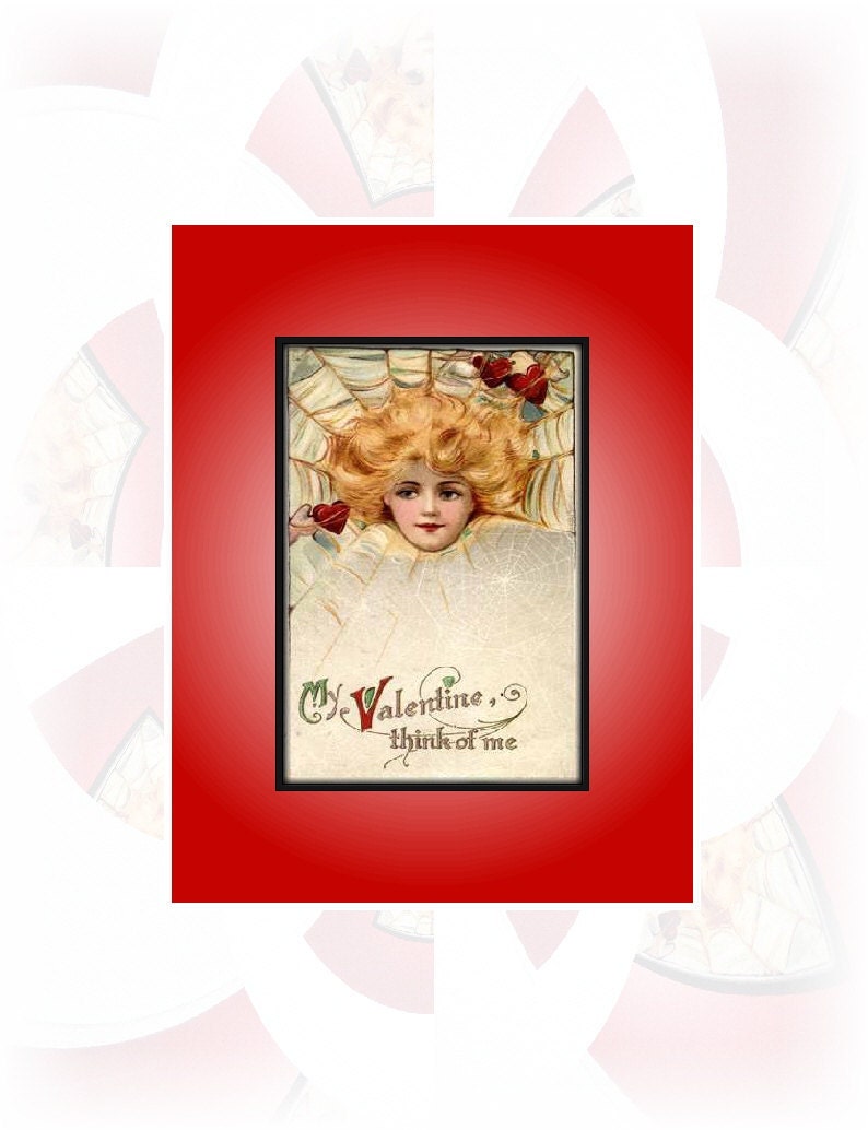 valentine notecard Victorian - web of love - blank - red - ooak