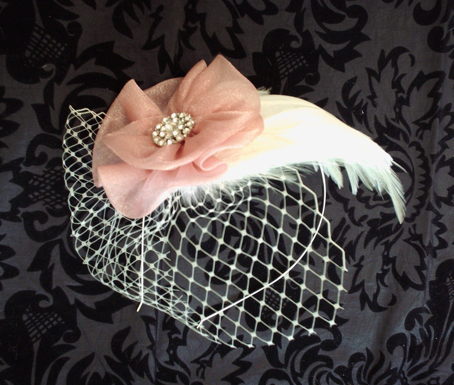 Eva Bridal Feather Fascinator, Bridesmaids, Ivory Feather Bridal Headband,  Floral Hair Accessory, Birdcage Veil, Weddings, Bridal Headband