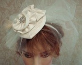 Bridal Floral Fascinator, Ivory Bridal Headband Set, Blusher Veil, Bow, Peacock Feathers, Carolynn Redwine Geer - Carolina Moon Designs