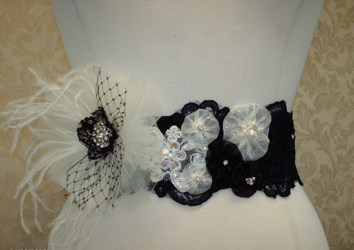 Wedding Bridal Sash,  Rhinestone Beaded Black Lace Sash, White And Ivory Tulle Flower Sash, Black Birdcage Veil, Feathers And Pearls