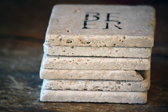 BEER Natural Tumbled Marble Handpainted Set of 6 Coasters Under 25 Rustic Home Decor, Man Cave, Dorm Dad Fathers Day Gift for Guy