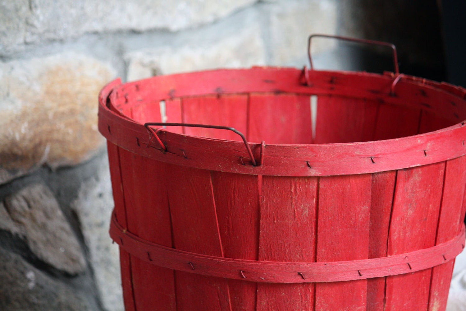 Vintage Large Orchard Basket, Red Wood, Apple Fruit Harvest, Wire Handles, Bushel, Rustic, Farm Chic