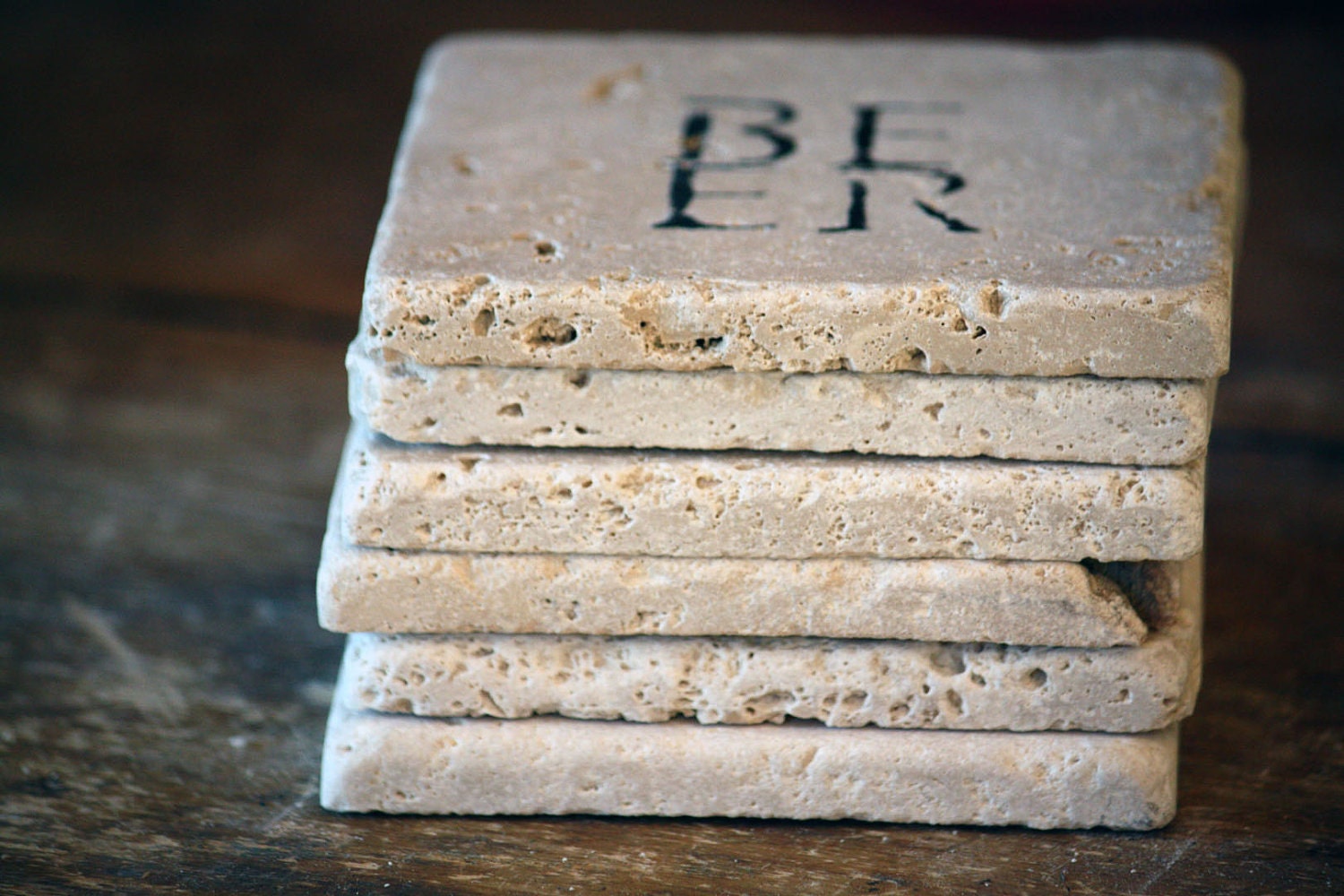BEER Natural Tumbled Marble Handpainted Set of 6 Coasters Under 25 Rustic Home Decor, Man Cave, Dorm Dad Fathers Day Gift for Guy
