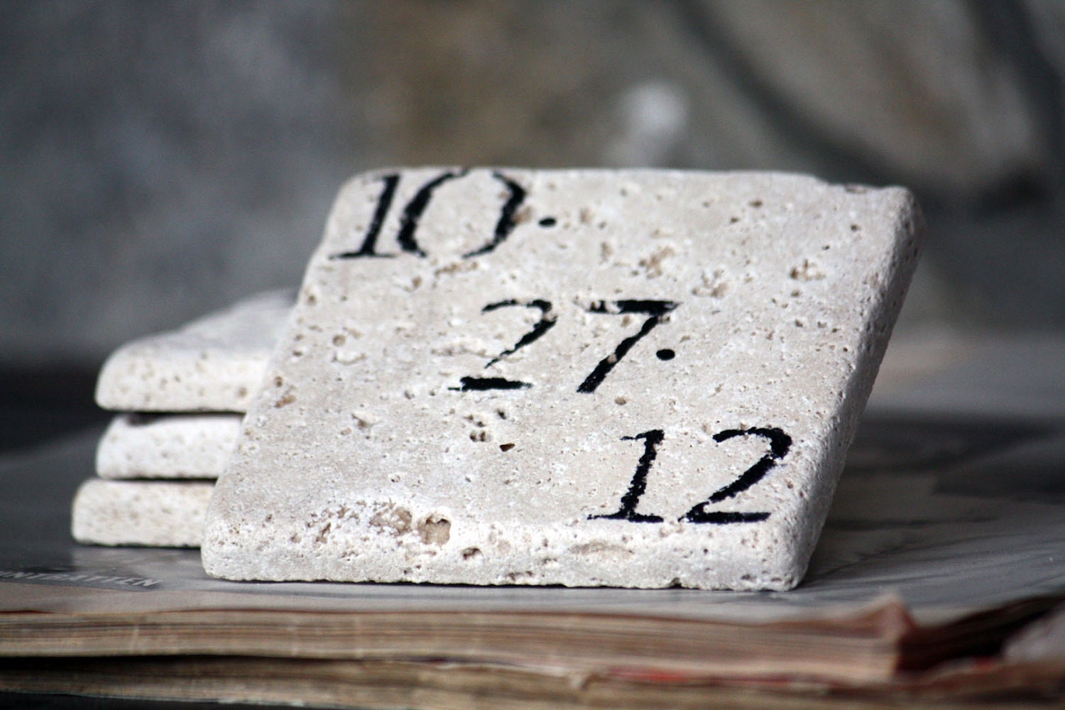 Personalized Coaster Set Special Date Birthday Natural Tumbled Marble Rustic Home Decor - Anniversary Custom Hand Painted Wedding Gift