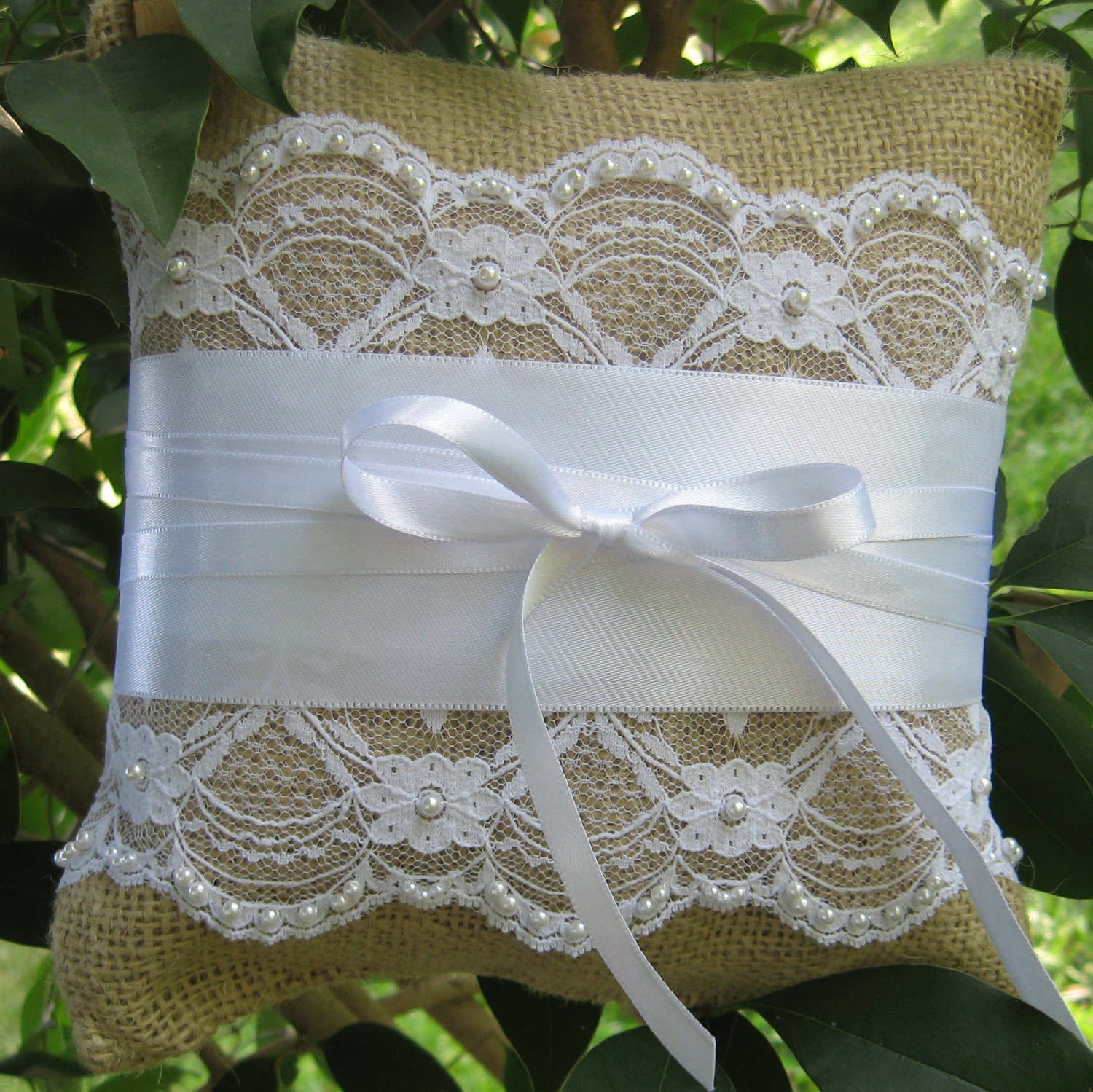 Burlap and Beaded Lace Ring Bearer Pillow
