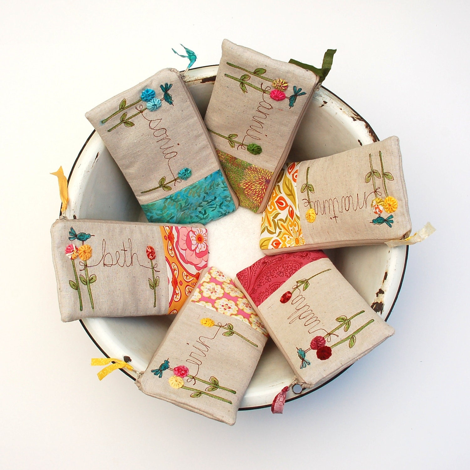 bridesmaid gift set, 6 personalized clutches, floral bags, wedding color scheme, MADE TO ORDER by mamableudesigns on etsy