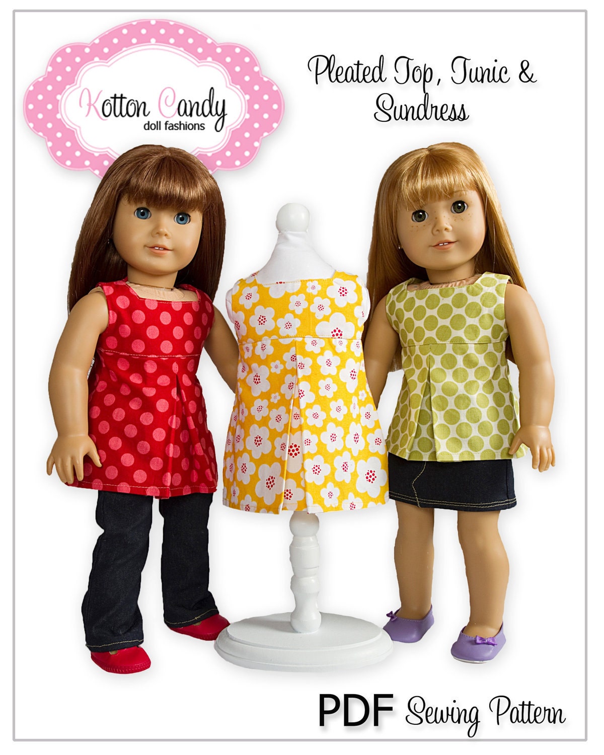 PDF Sewing Pattern for 18" American Girl Doll Clothes - Pleated Sundress, Tunic or Top ePattern