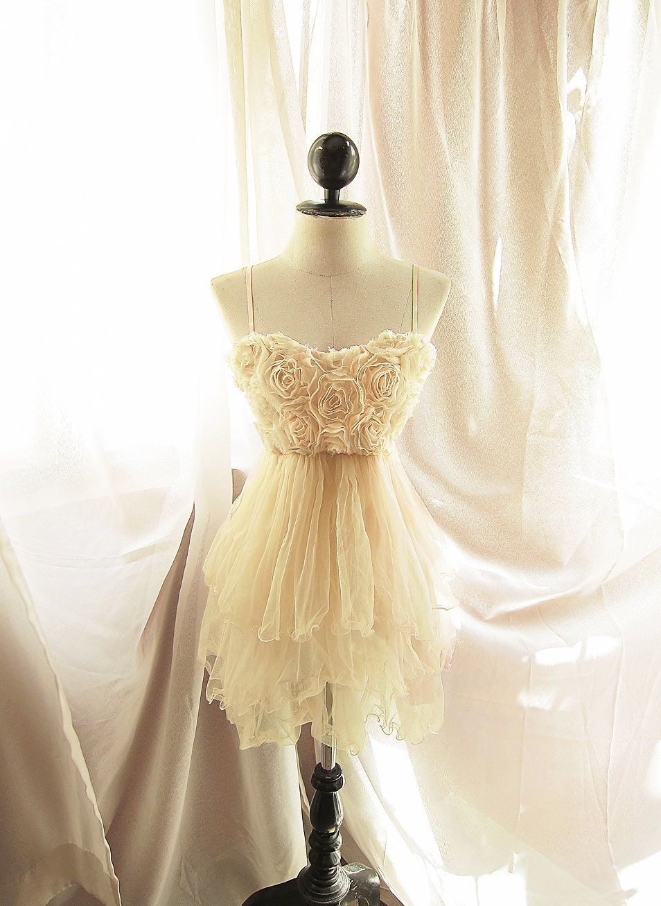Marie Antoinette Romantic Soft Misty French Airy Cream Dreamy Ethereal Angel Whimsical Rosette Ballerina Tulle Dress