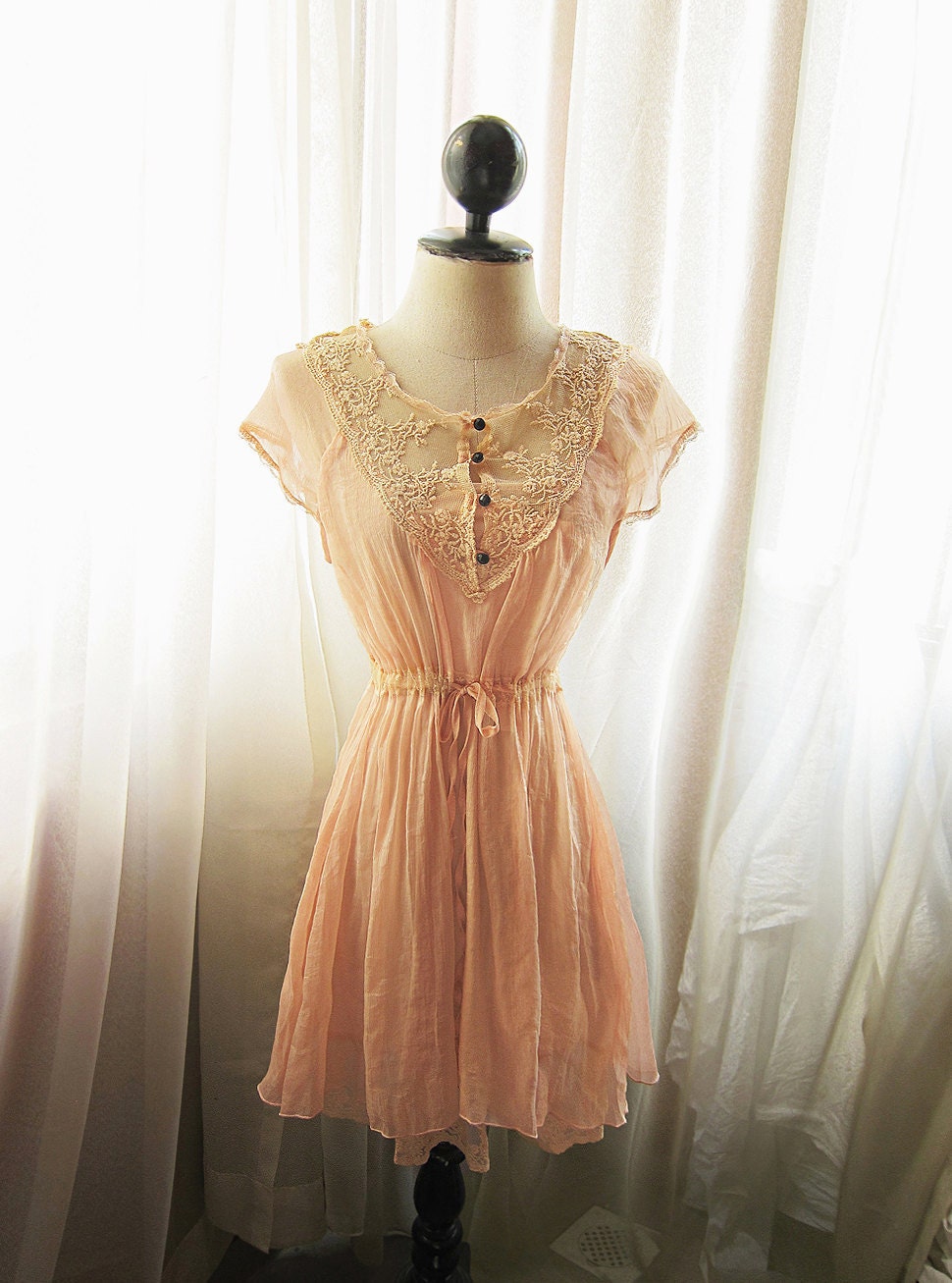 Rustic Marie Antoinette Chiffon Lace Peach Pumpkin Orange Romantic French Dress Soft Vintage Quaint Ballerina Old World Closet Long Tunic