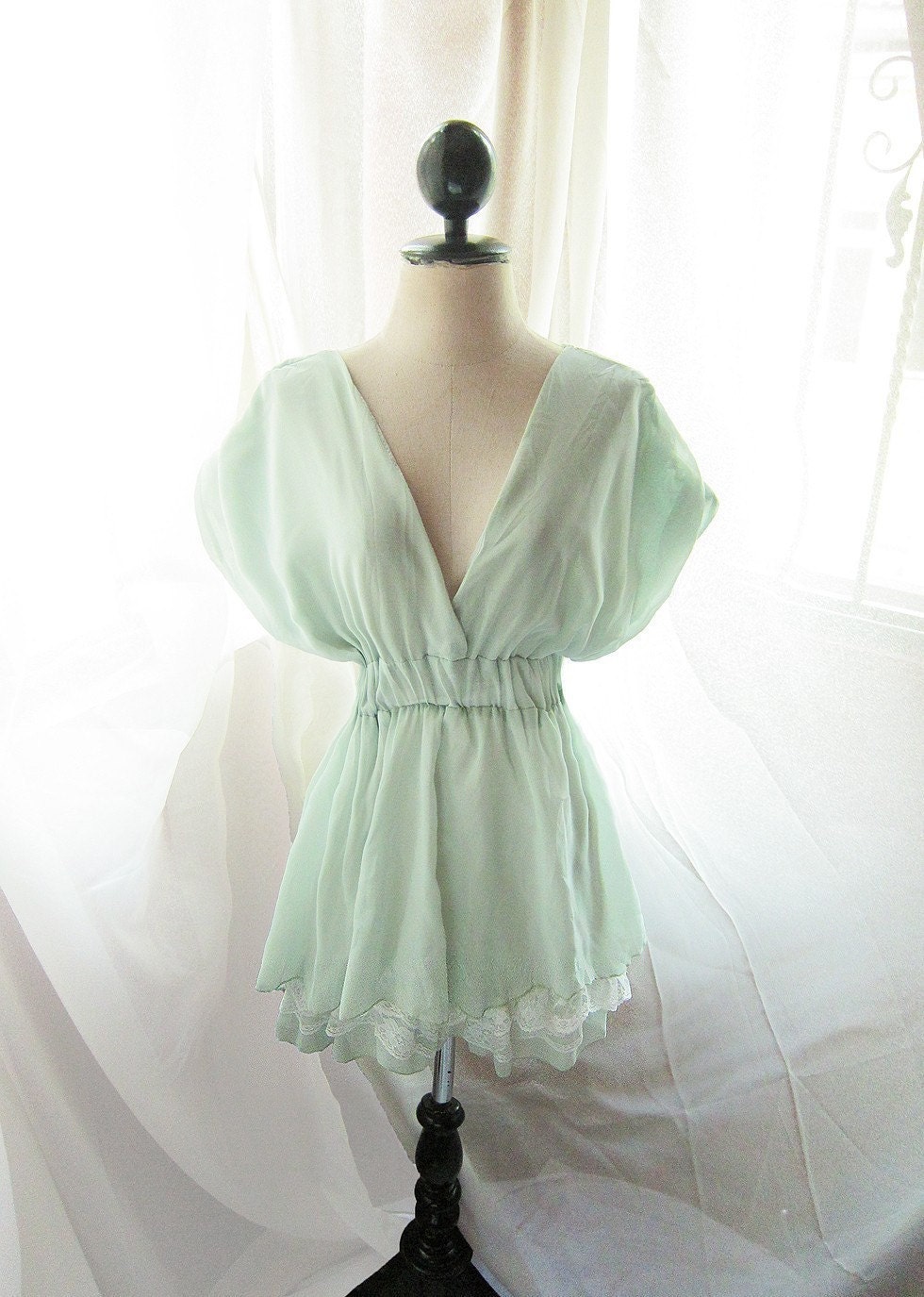 Romantic Pale Chantilly Pistachio Green Morning Dew Dreamy Soft Peaceful Misty Chiffon Lace Hem Dress./ Long Tunic
