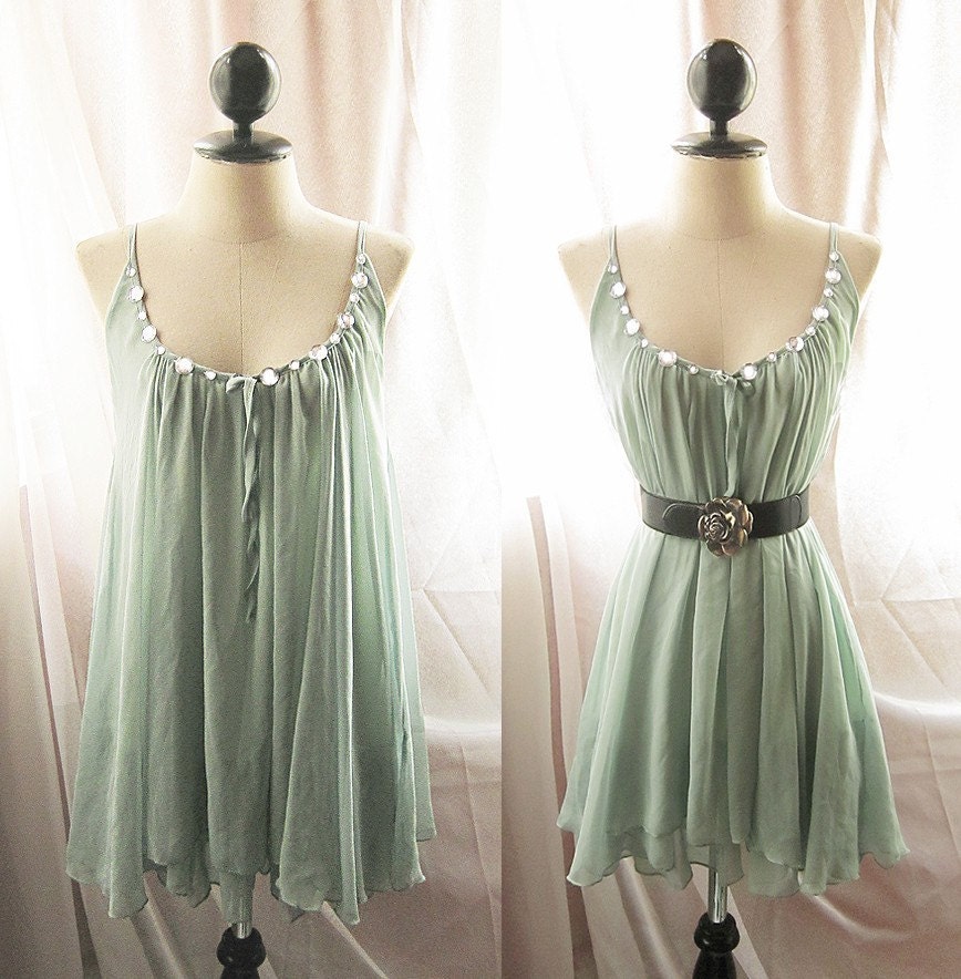 Vineyard Secret Garden Spring Elves Morning Dew Pale Chantilly Pistachio Green Romantic Dreamy Soft Peaceful Misty Chiffon Flowy Dress