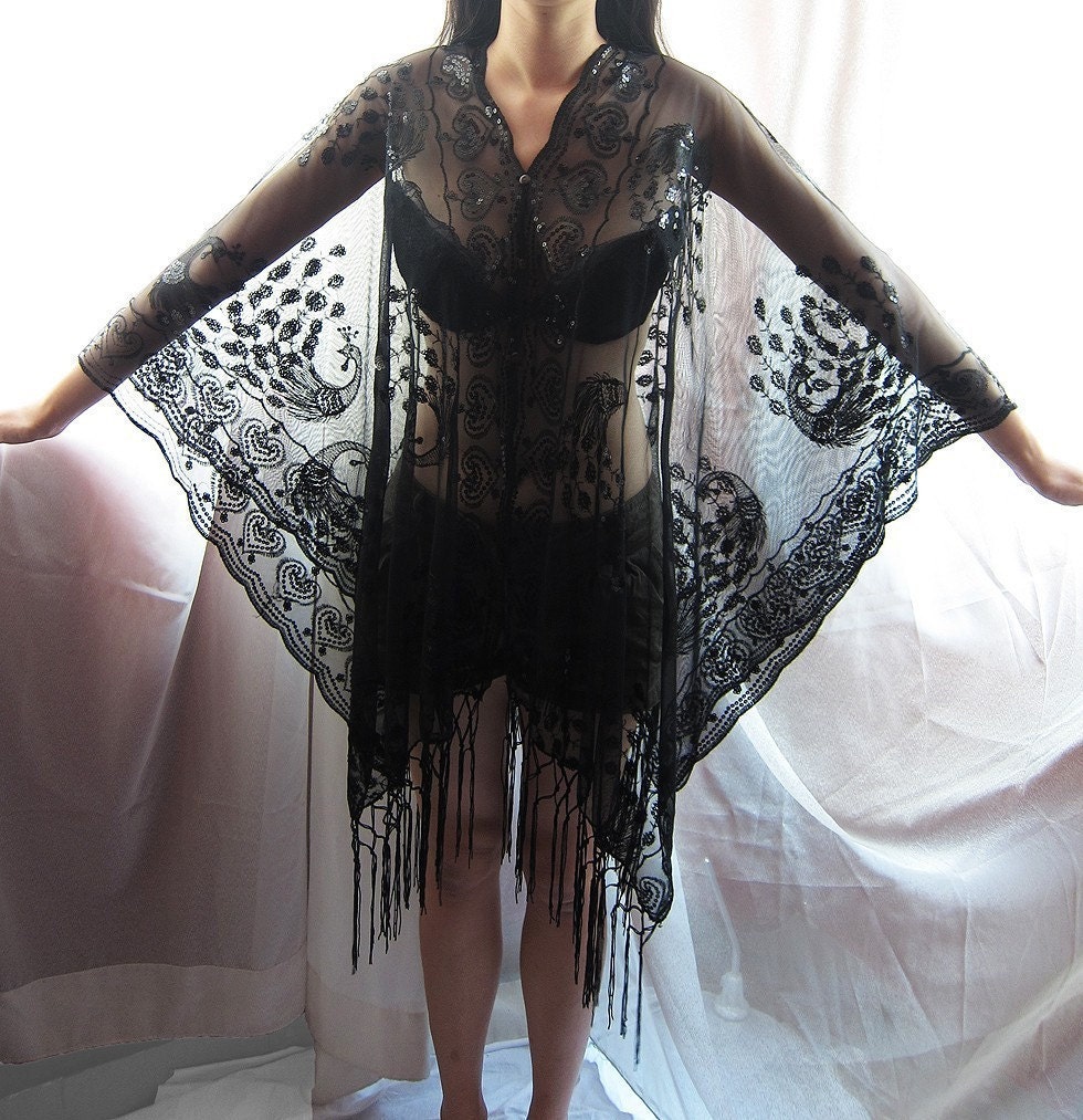 Black Queen Prussian Black Hand Embroidered Sequin Fringe Poncho Gypsy Scarf Shawl Beach Cover up Butterfly Wings Cape Kaftan Dress Tunic