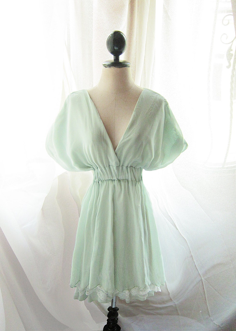 Marie Antoinette Mint Green Dress Dreamy Soft Peaceful Misty Romantic Pale Chantilly Pistachio Morning Dew Chiffon Lace Hem Dress