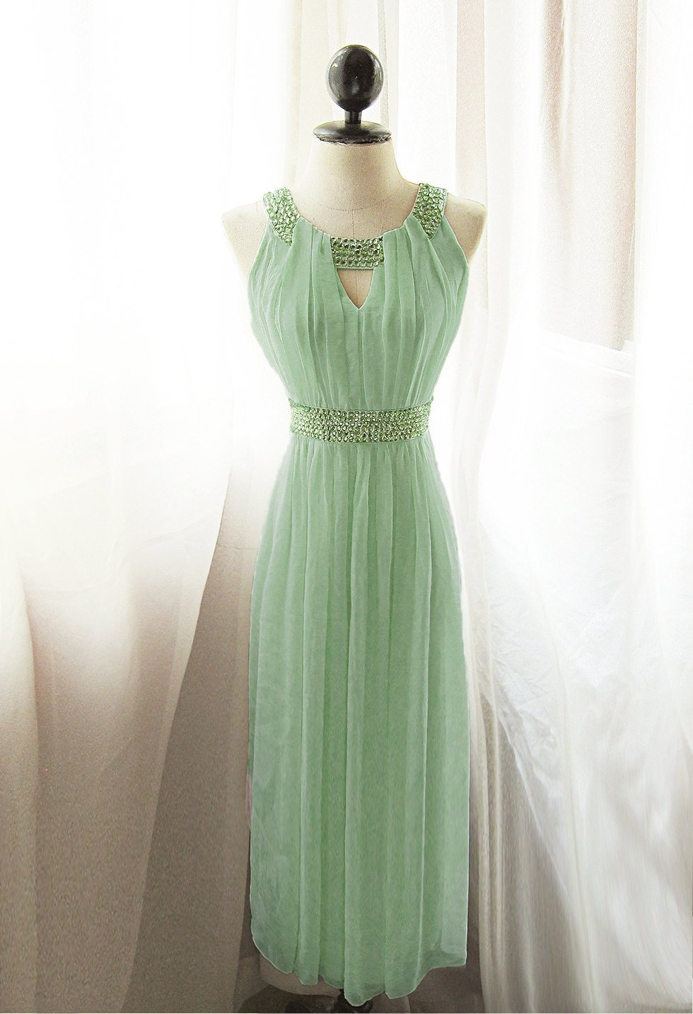Egyptian Goddess Absinthe Mint Vineyard Green Chiffon Long Cocktail Prom Dress Angel Romantic Dreamy Old World Marie Antoinette Spring Gown