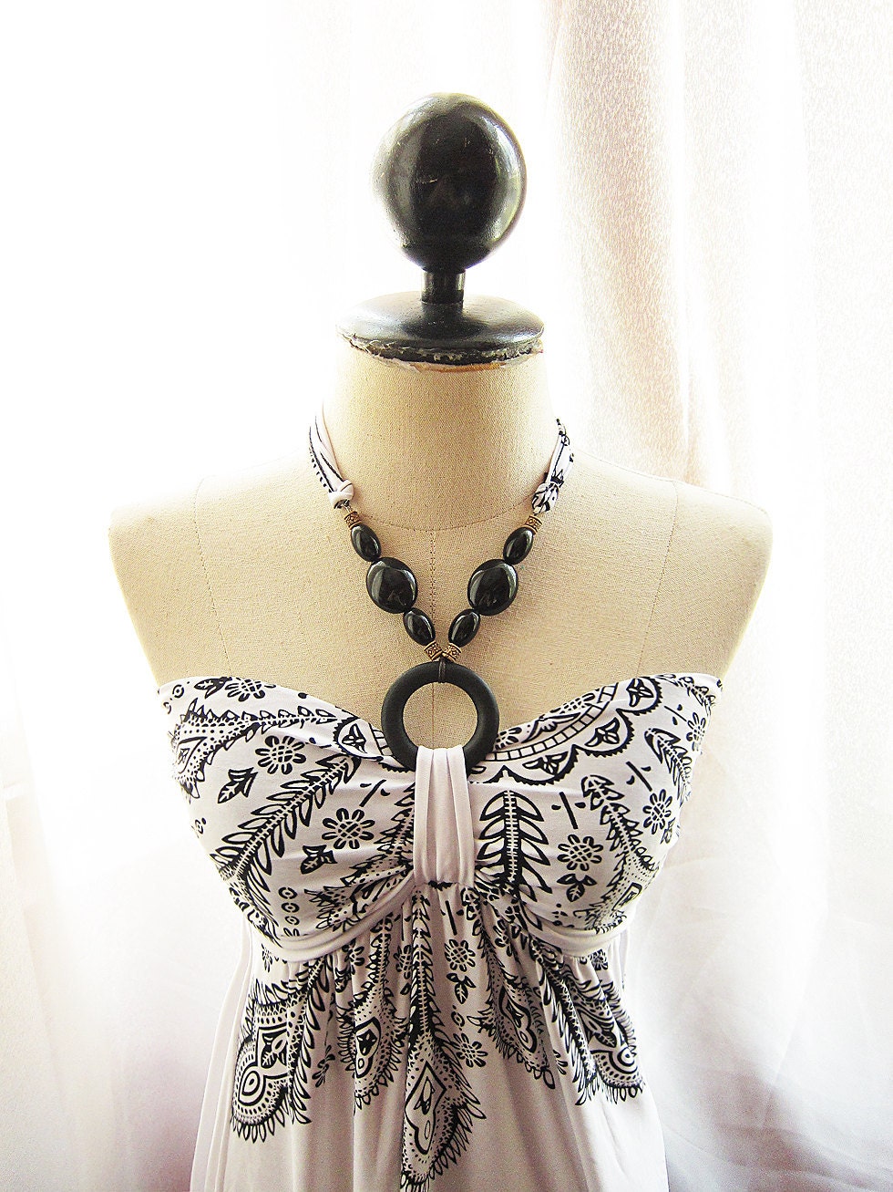 Exotic White Indie Paisley Wooden Beads Onyx Black Motif Two Way Maxi Dress Spring Summer Hippie Gypsy Peasant Happy Bohemian Long Dress