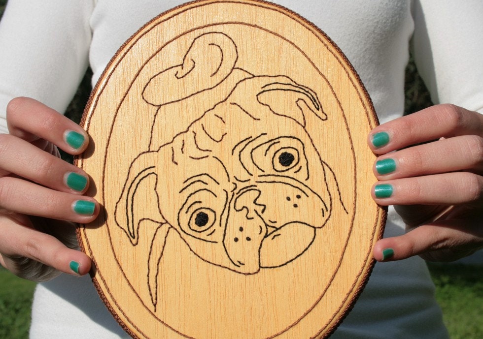 Embroidered on Wood - PUG PORTRAIT - One of the kind - Wall Decor by The Spotless Loop