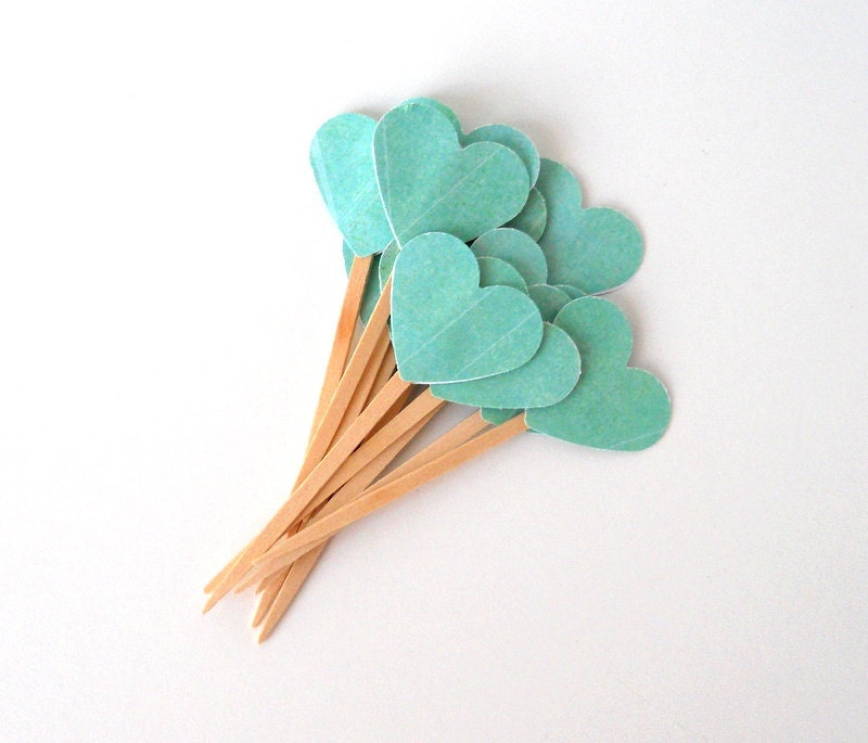 Cupcake Toppers, 12 Sea Foam Hearts - Teal, Turquoise, Mint, Blue Green, Wooden Picks, Wood, Seafoam, Green, Mist, Aqua, Marine, Sea