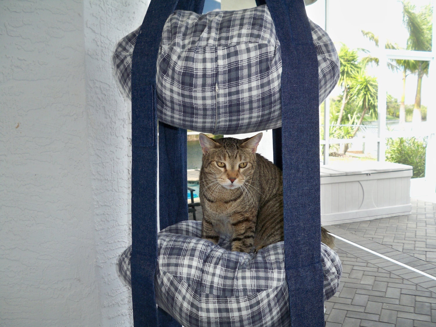 3 Level Hanging Cat Bed Blue Plaid & Denim, Kitty Cloud