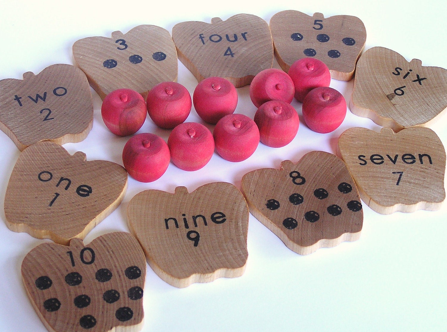Waldorf- Montessori- Educational Natural Wood Toy- Counting Apples- Math Set