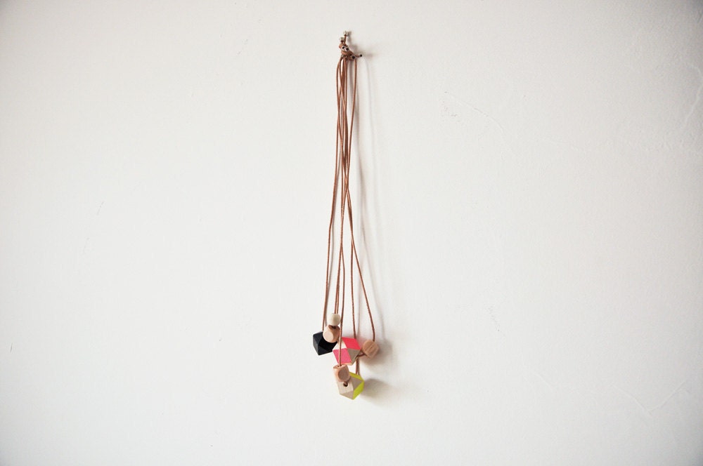 Geometric wooden bead necklace . Neon yellow handpainted