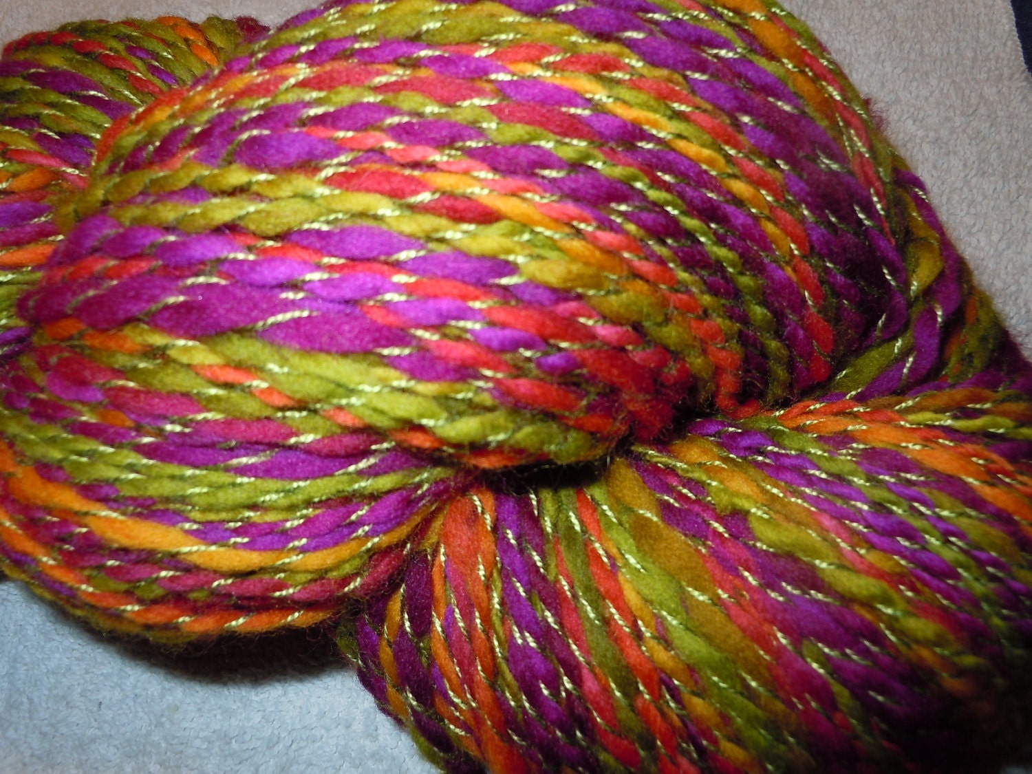 Bright Sunrise,  Superfine Merino Top Handspun then plied with Tensel