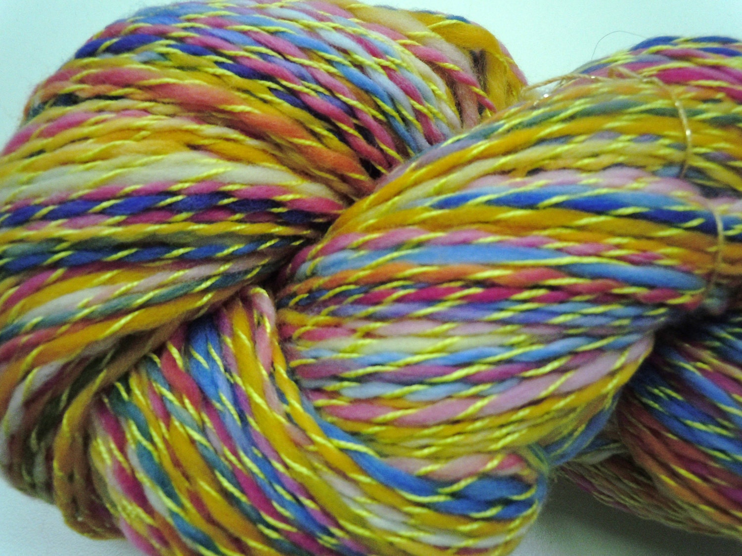 Butter Mints,  Merino Variegated Roving Plied with Yellow Pearl Cotton