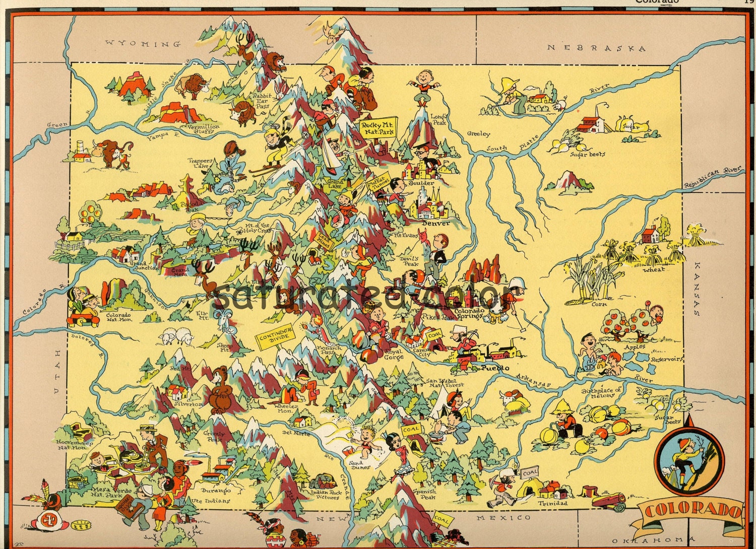 Vintage Colorado Map -  ORIGINAL 1930s Vintage Picture Map of Colorado - Ruth Taylor White