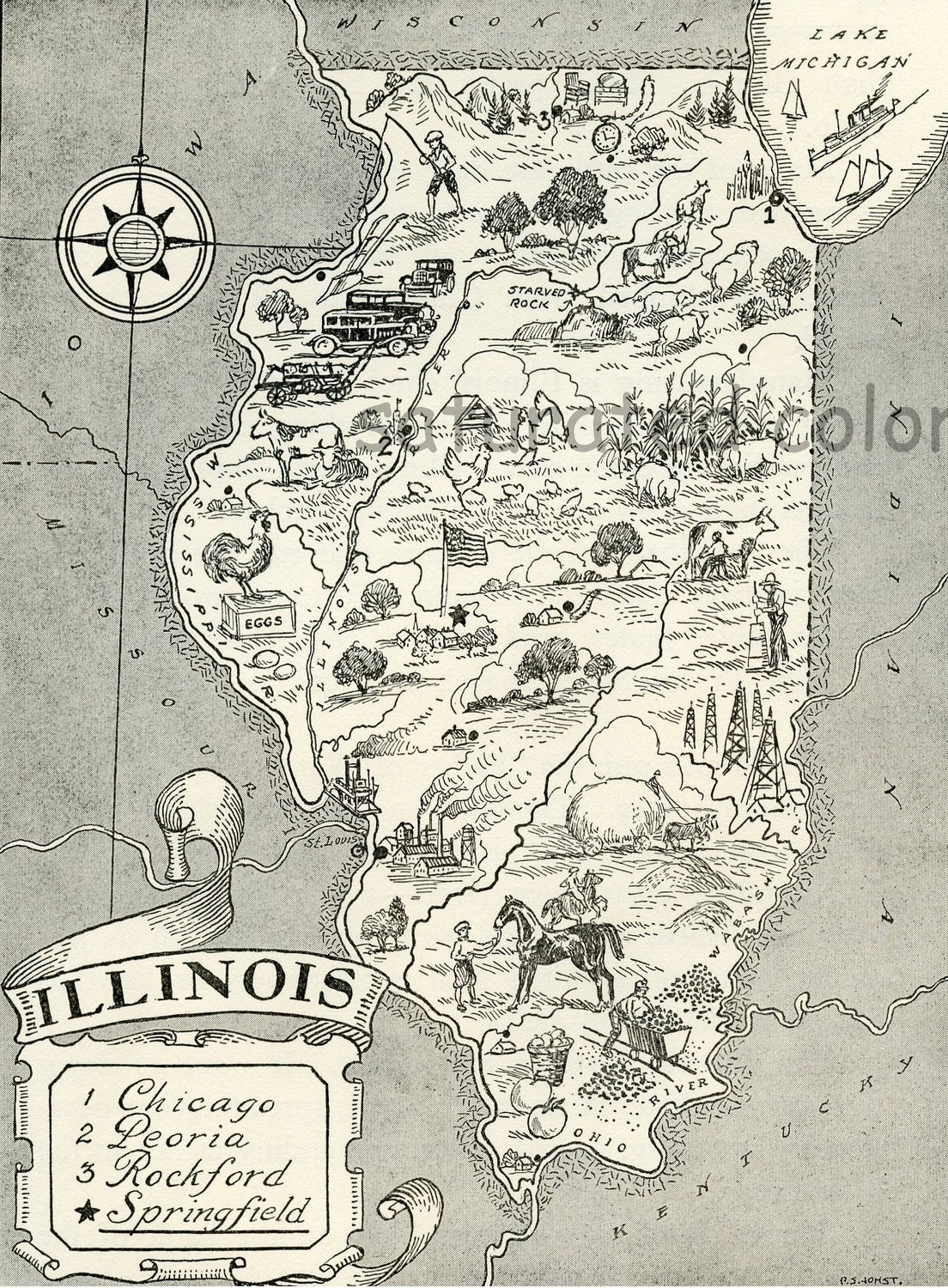 Illinois Map - A Delightfully Amusing Original Vintage Map - 1950s Fun