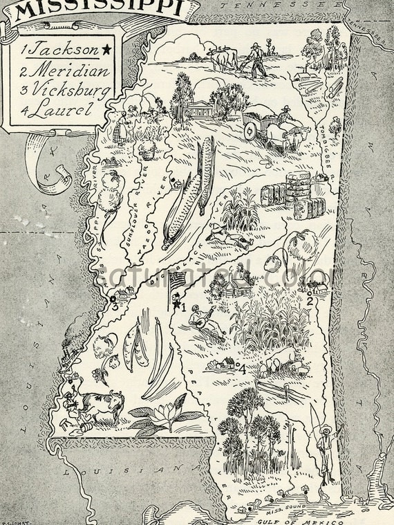 1950s Mississippi - A Delightfully Amusing ORIGINAL Vintage Map - Fun