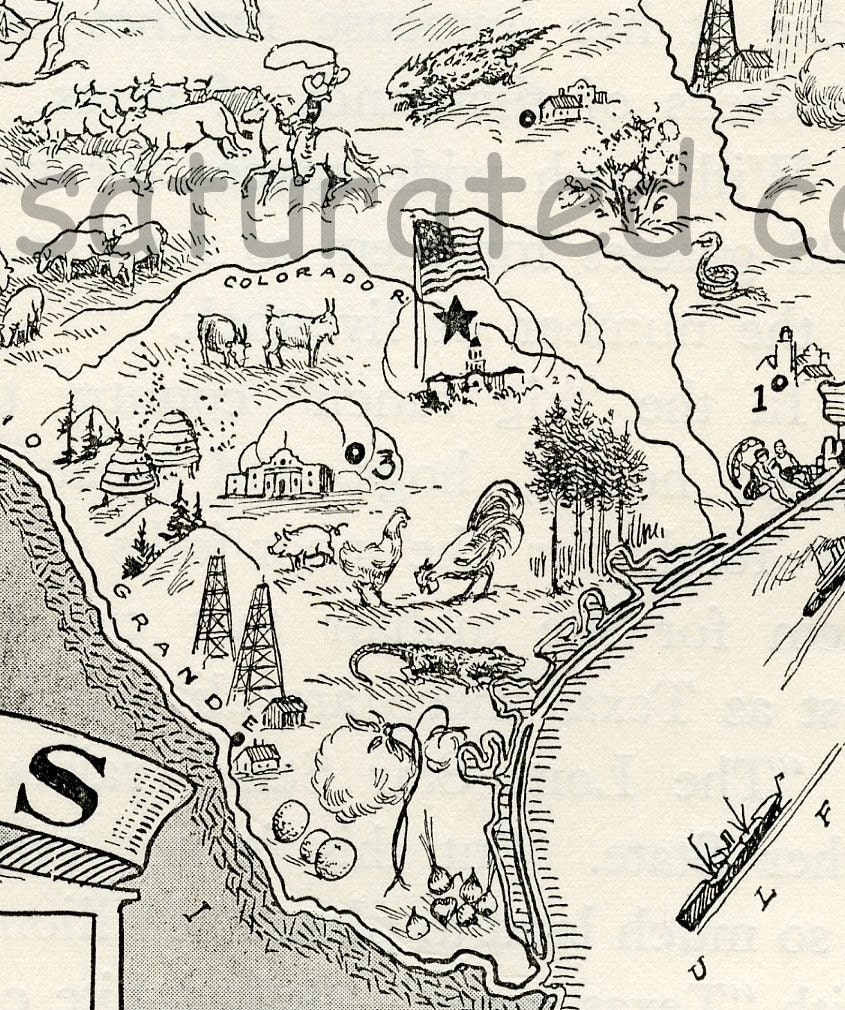 1950s Texas - A Delightfully Amusing ORIGINAL Vintage Picture Map - Fun