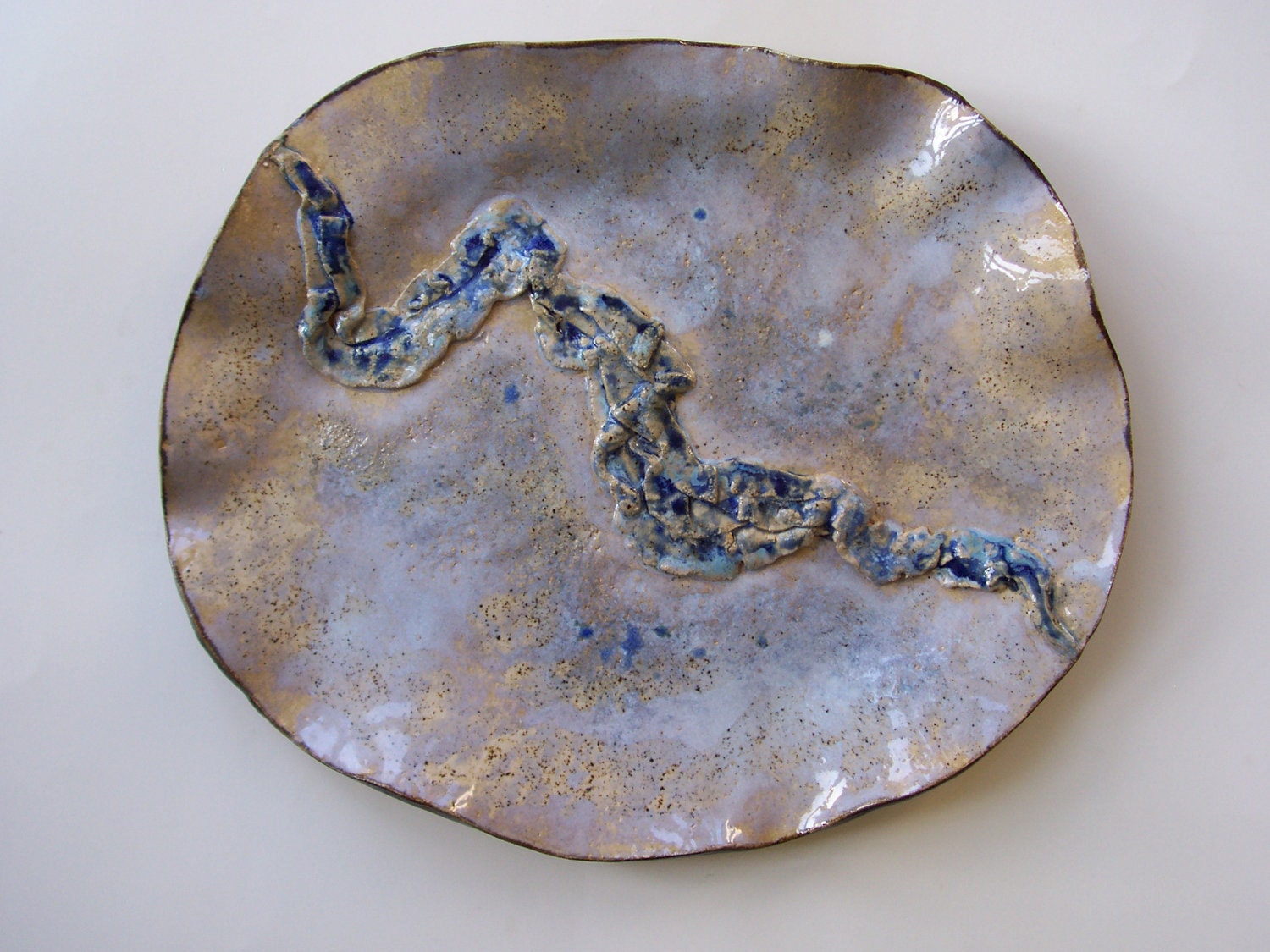 Soft Blue Ceramic Centerpiece Art Tray With Abstract Textured Design Clay Pottery Decorative Plate