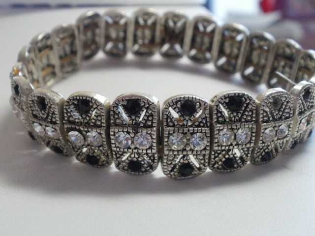Antique bracelet, vintage bracelet, marcasite bracelet, clear and onyx crystals , stretchy bracelet, 8 & 1/2"