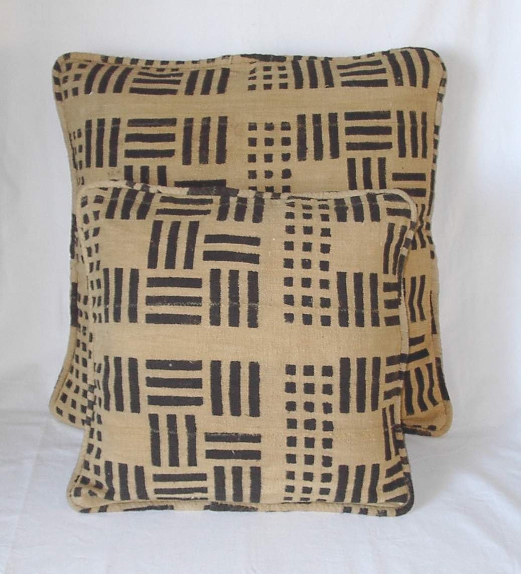 Tan and black African mud cloth pillow set with zippered back and piped edges