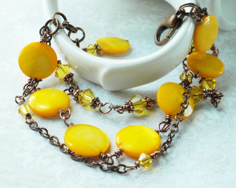 Yellow Shell Bracelet Copper Chain with Mother of Pearl and Swarovski Elements Crystals Three Strands