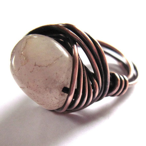 Copper Wire Wrapped Ring Pink Cherry Quartz Fashion Jewelry