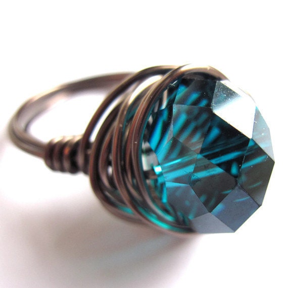 Wire Wrap Ring Teal Blue Glass Women Fashion Jewelry Any Size - gimmethatthing