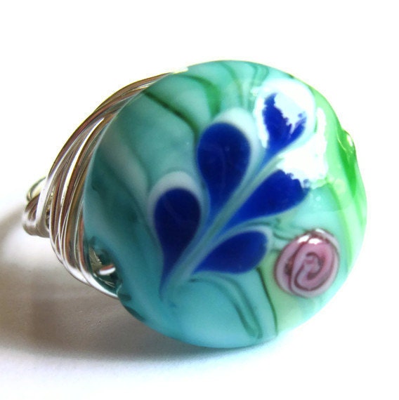 Wire Wrap Ring Turquoise Glass Fashion Jewelry