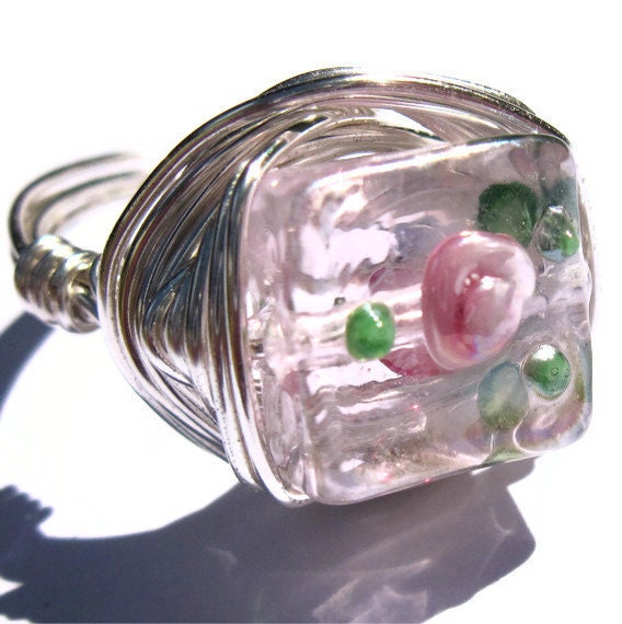 Wire Wrap Ring Pink Glass Flower Fashion Jewelry