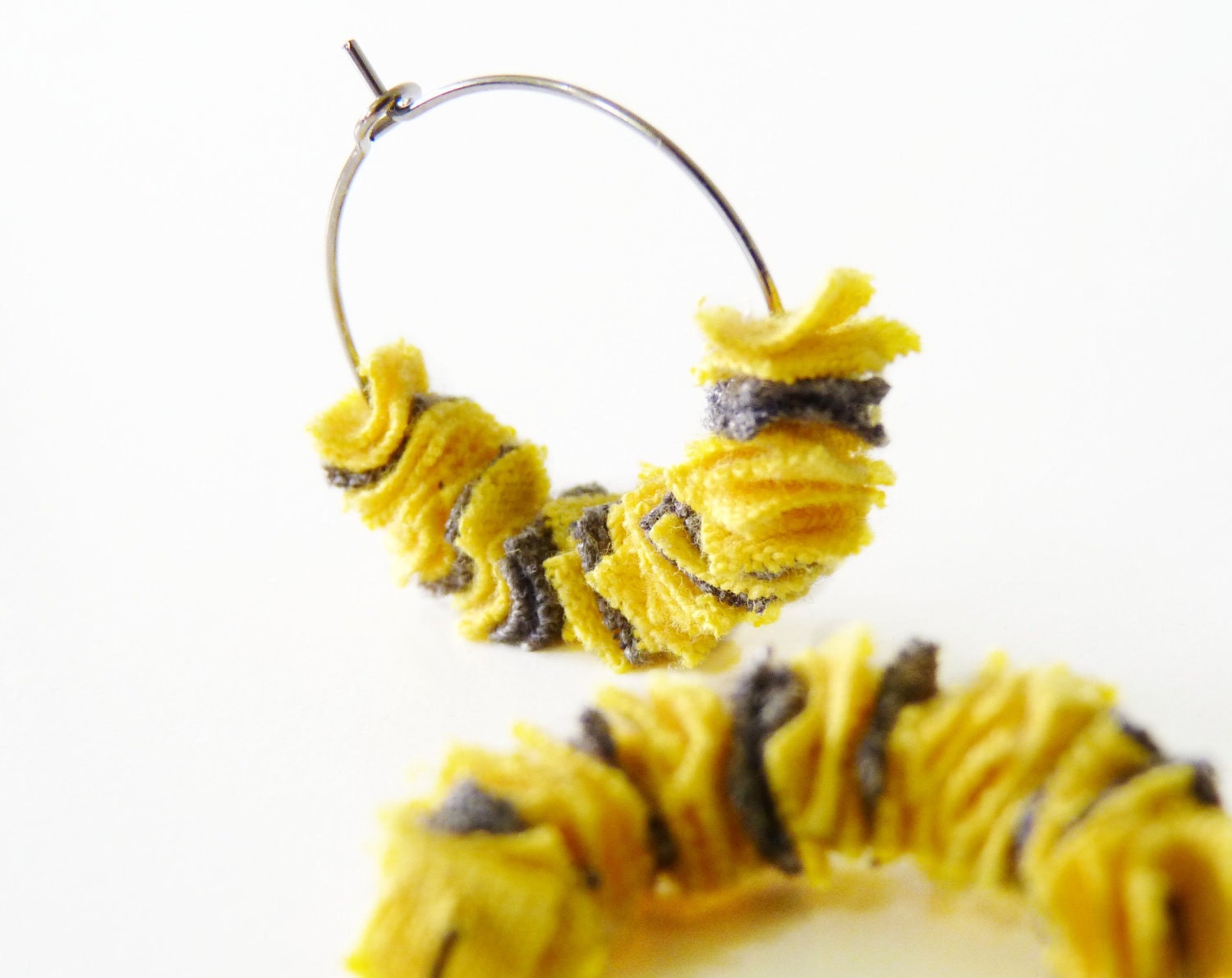 Mustard Yellow Gray Striped Earrings Modern Eco Friendly Jewelery by TrashN2Tees