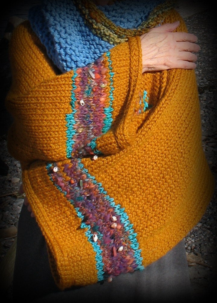 Wearable Art, Shrug, Sweater, Jacket, Handknit, Ooak, Butterscotch, Turquoise, Seashells, Nature Inspired, FishBaySunsets, Layaway Plan