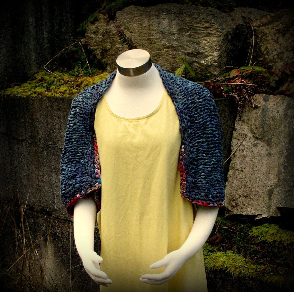 Wearable Art, Handknit Shrug, Jacket, Sweater, Cobalt, Denim, Primitive, Ooak, Inspired by Nature, Layaway Plan, FishBaySunsets