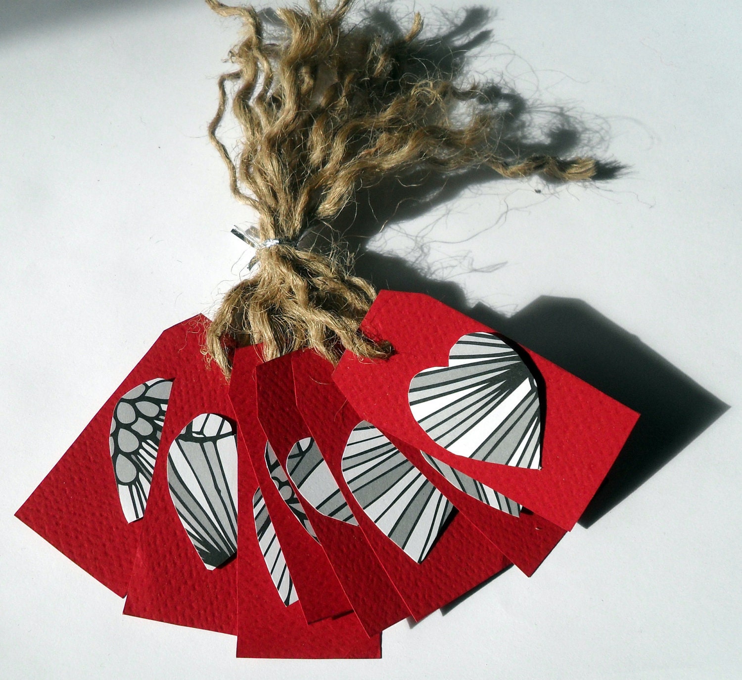 Red Tags with Black and White Hearts and Natural Twine Ties