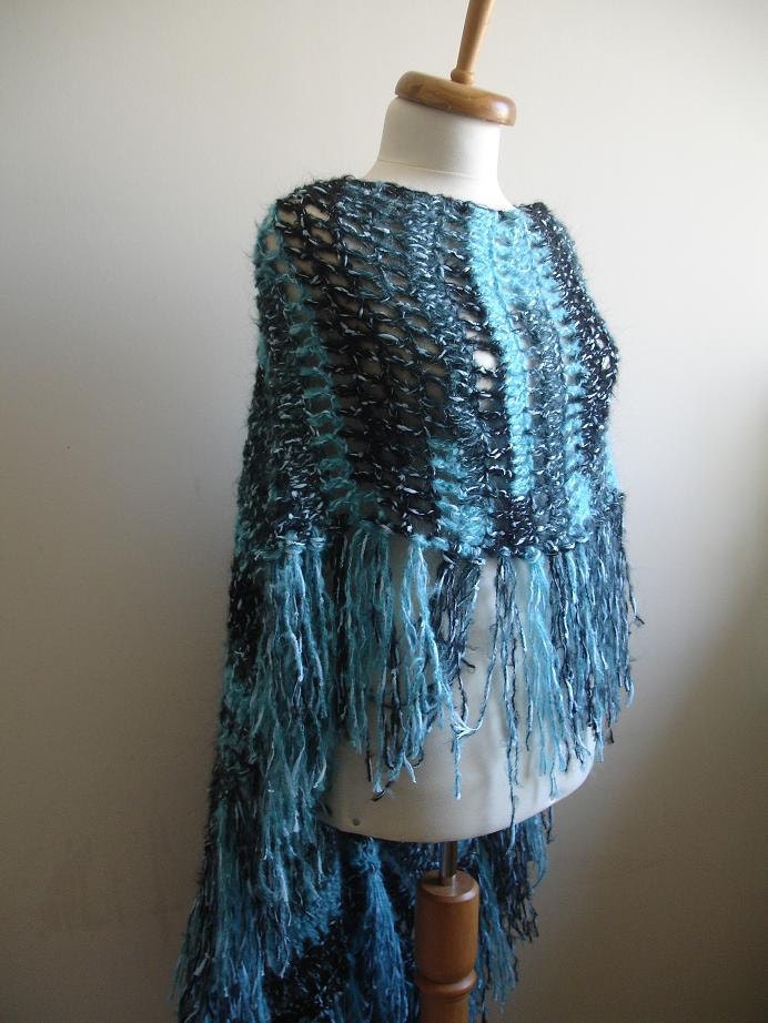 Poncho With Fringes, Blue and Black, Fall Fashion, New Season,Wearable in many ways