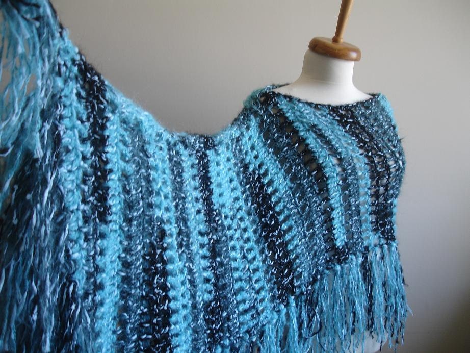 Poncho With Fringes, Blue and Black, Fall Fashion, New Season,Wearable in many ways