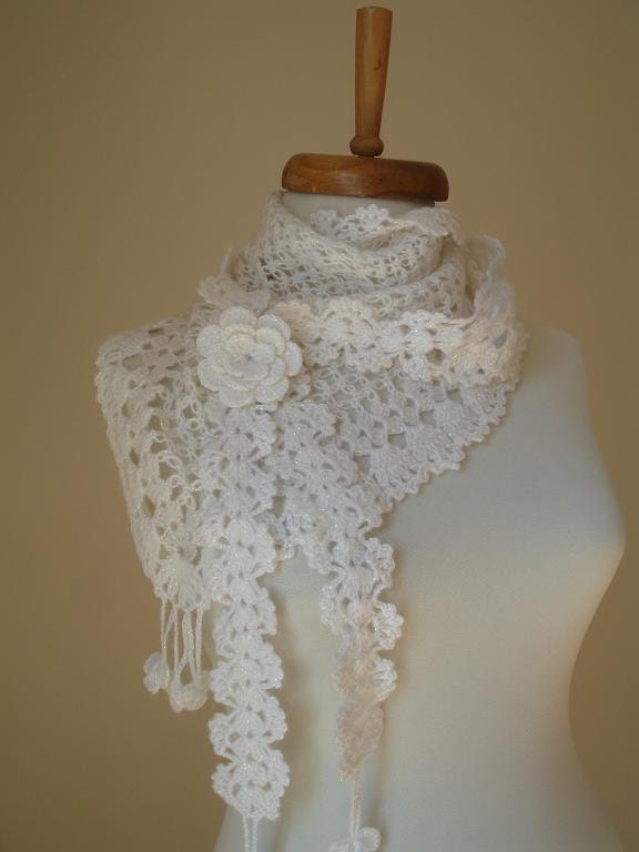 White mini Shawl By Crochetlab, With lovely flower brooch gift