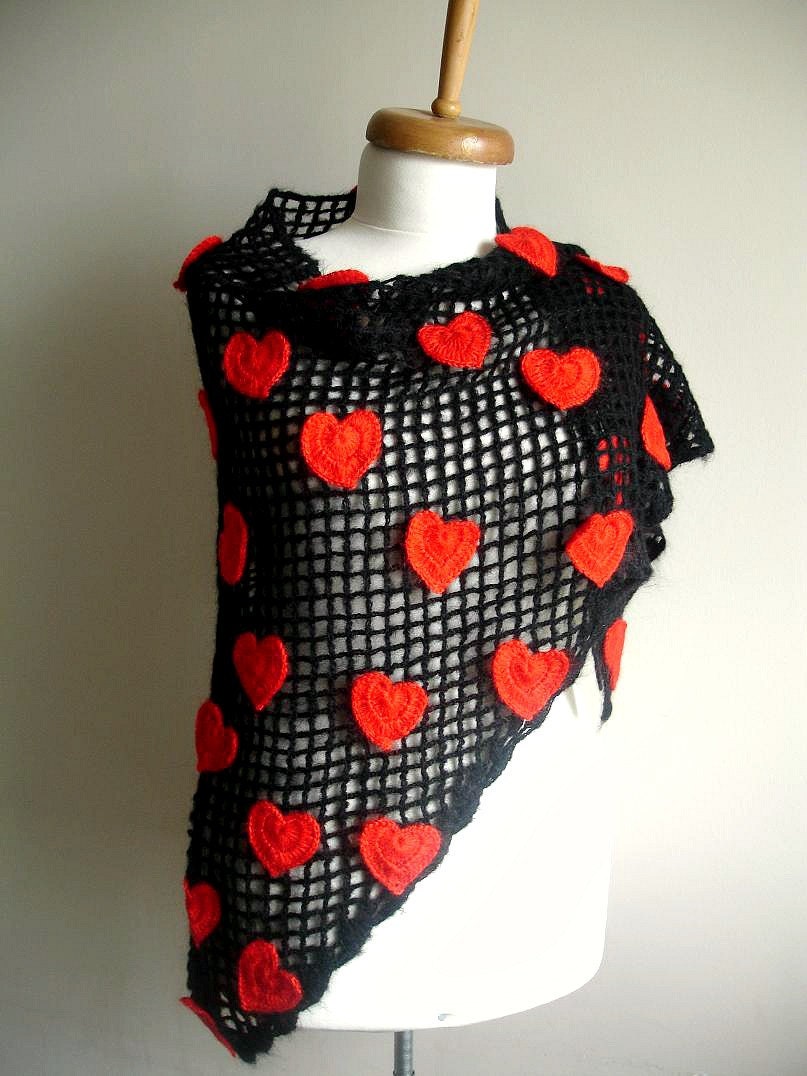 Valentines Day Shawl, 41 Red crochet Hearts on Black Shawl, OOAK Design,  Ready To Ship, Gift for Her