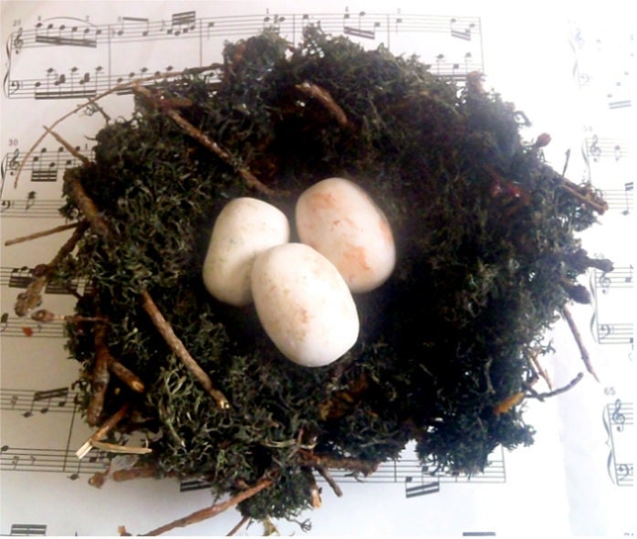 Natural Birds Nest - Handmade Green Moss Nest w/ White Eggs - 6 inch nest